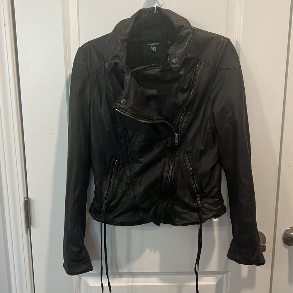 Muubaa Black Leather Biker Jacket US Size 8 - Picture 3 of 5